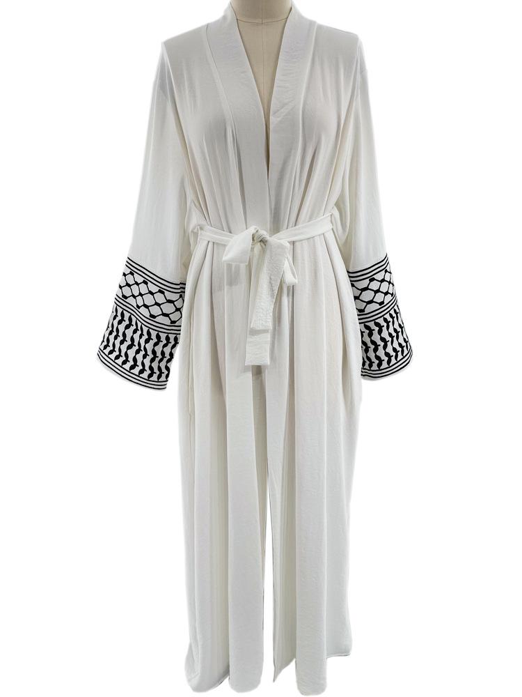 Elegant Embroidered Middle Eastern Muslim Tie-Up Cardigan Dress with Pockets