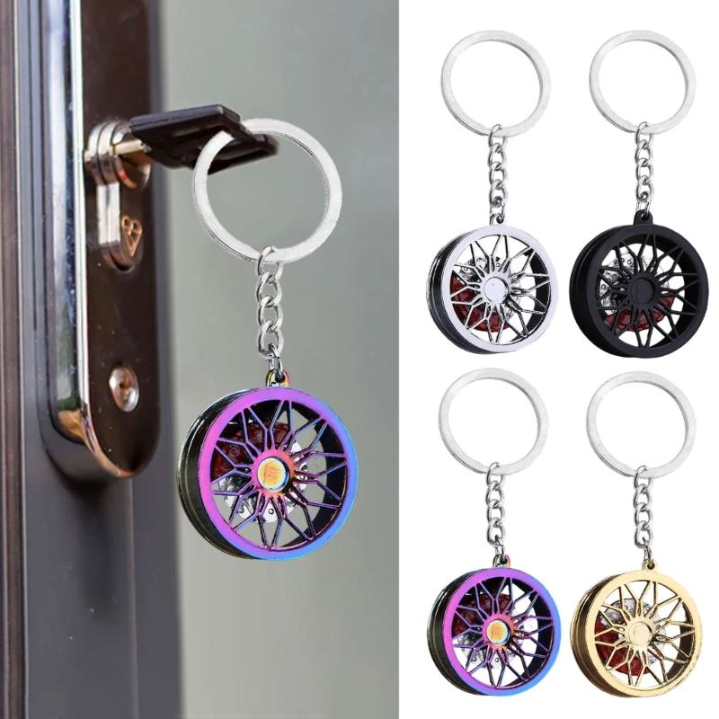 Car Wheel Keychain for Drivers, Rotating Brake Disc Metal Key Ring with Backpack Charm and Auto Culture Style Accessory