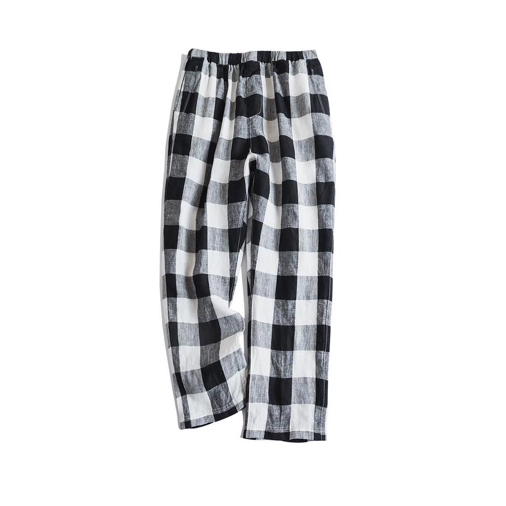 Women's Artisan Pure Linen Plaid Harem Pants with Elastic Waist & Drawstring - New Style #010