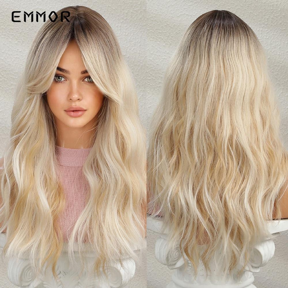 ALAN Synthetic Long Wavy Wigs with Bangs for Women Cosplay Natural Ombre Black To Pink Hair Wig High Temperature Fiber