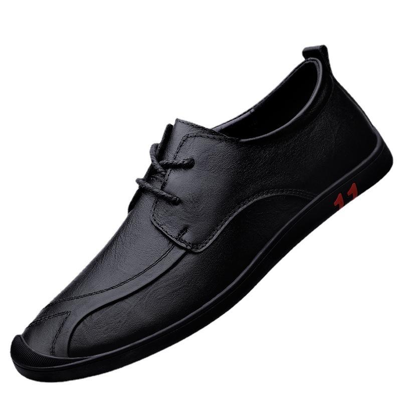 Men's round head first-layer cowhide business shoes front lace-up breathable flat-heeled single shoes men's cowhide splicing casual leather shoes