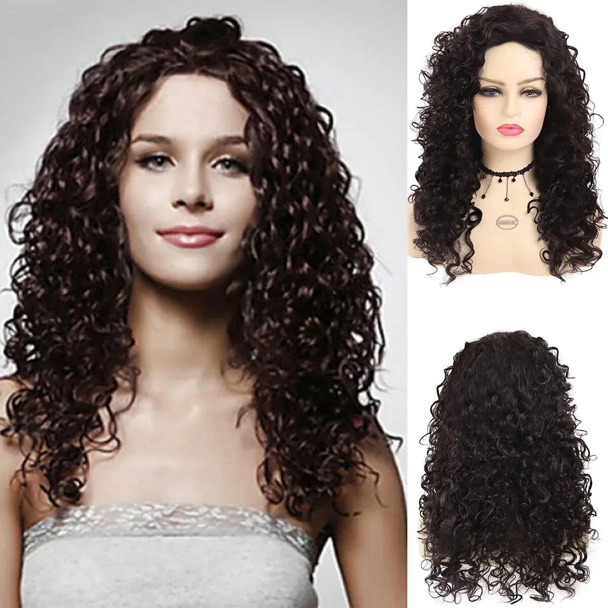 

Длинные синтетические парики для женщин. Коричневый вьющийся парик с челкой. Натуральные прически. Парики для ежедневного использования для чернокожих женщин старшего возраста.