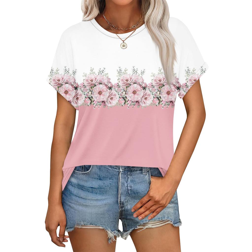 Women's Casual Fashion Round Neck Rolled Hem Short Sleeve Floral Top
