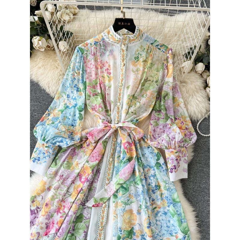 Flowers Elegant Stand-up Collar Slim Fit Long Dress Breasted