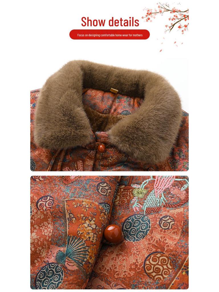 Winter Plus Velvet Coat for Middle-Aged and Elderly Women, Elegant Chinese Style Mother's Clothing, Warm Thick Cotton Jacket.