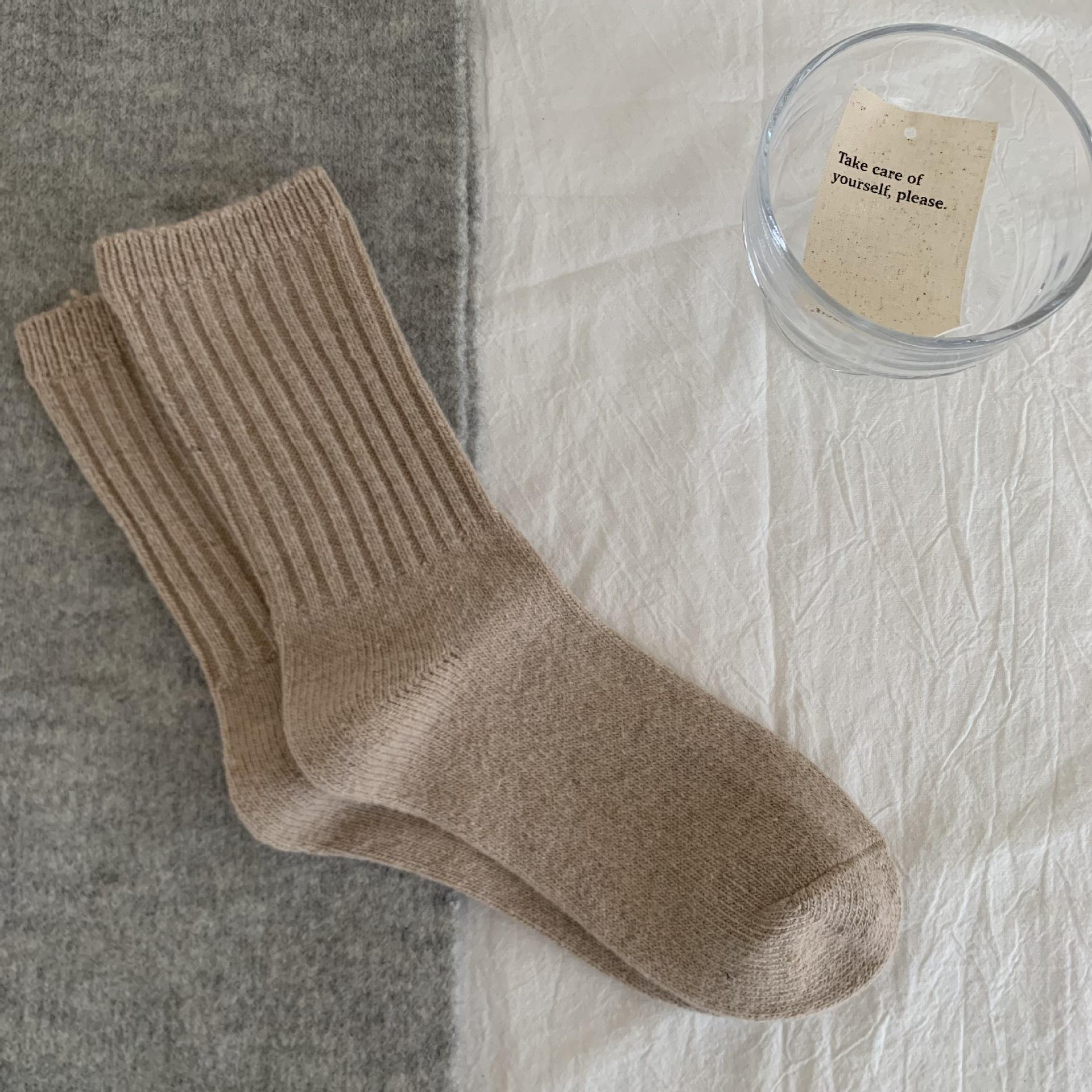 

Wool Mid-Leg Double-Needle Thick Thread Socks Classic Twist Pattern Solid Color Warm Vintage Pile Socks one size