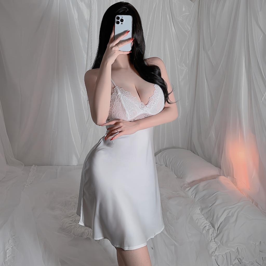 Women's White Satin Lace Nightgown Deep V Cami Slim Fit Sexy Skin-Friendly Loungewear 547 Elegant Timeless Sleepwear with Classic White Hue