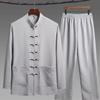 Chinese Traditional Clothing Set Man Spring Fall Linen Buckle Kung Fu Shirt Oriental Retro Top Pants Tai Chi Breathable Uniforms Hanfu