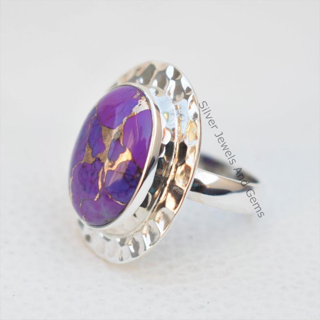 Purple Copper Turquoise Sterling Silver Ring, Hammered Design, December Birthstone