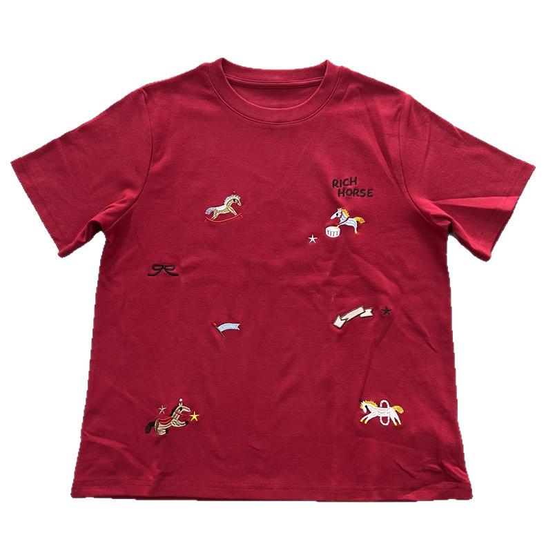 Brushed Red Pony Embroidery Women's Short Sleeve Round Neck Casual Spring T-shirt
