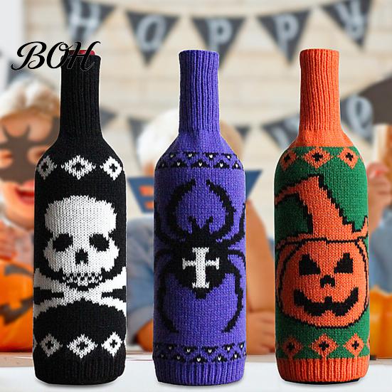 Spooky Party Table Decorations Halloween Wine Bottle Sweater, Reusable Knitted Champagne Cover, Pumpkin Skull Skeleton Pattern Decor Spider