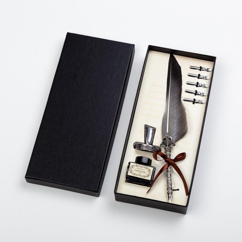 Goose Feather Pen Set with Carved Base and Stainless Steel Nibs - Unique Gift