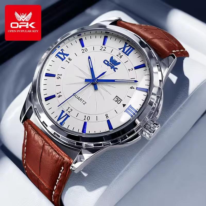 OPK Sıcak Satış Erkek Basit Günlük Kuvars Saatler Moda Kahverengi Deri Kayış 40mm Beyaz Kadran Su Geçirmez Erkek İş Kol Saati