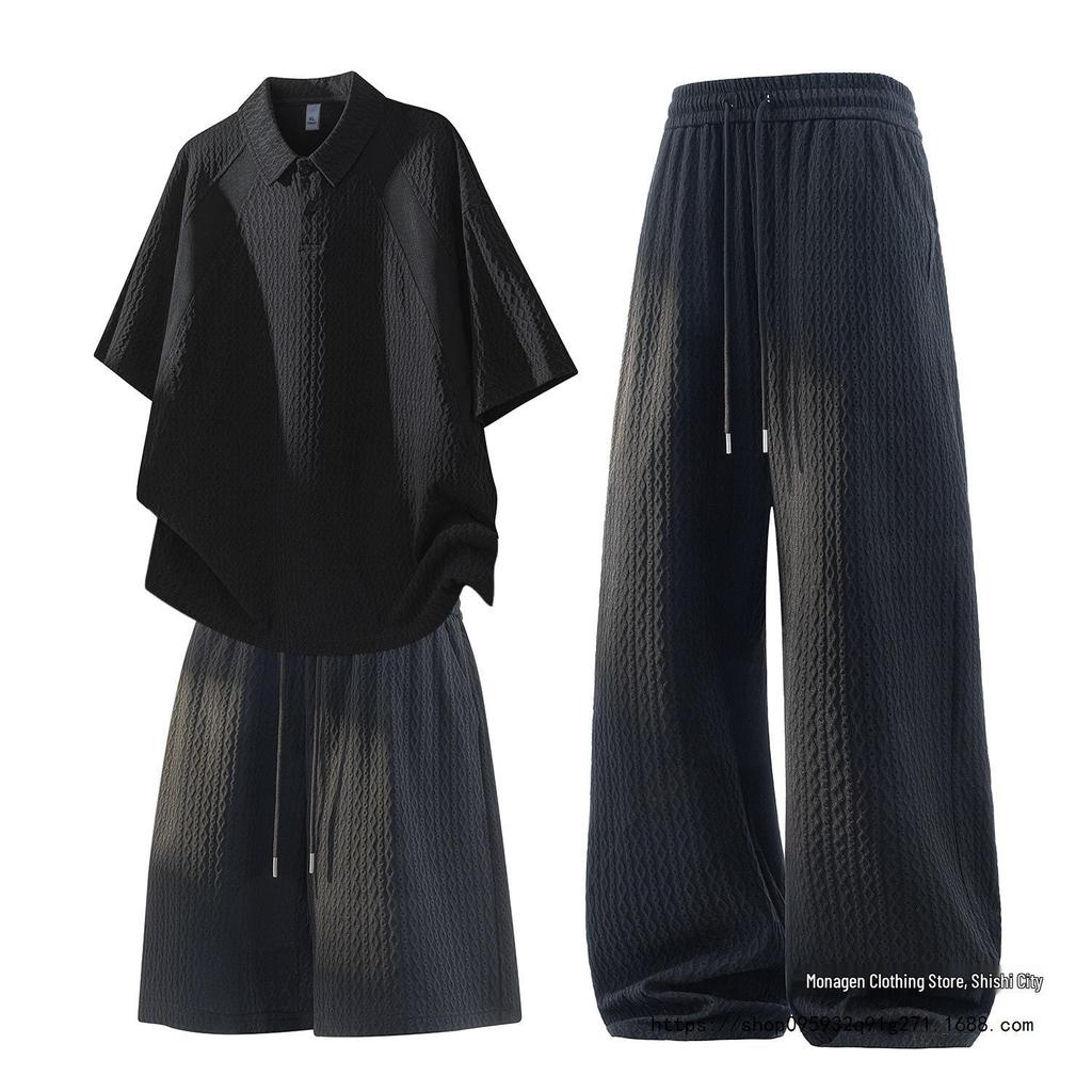 Men's Jacquard American Style Three-Piece Set: Short-Sleeved Polo, Shorts, and Summer Long Pants