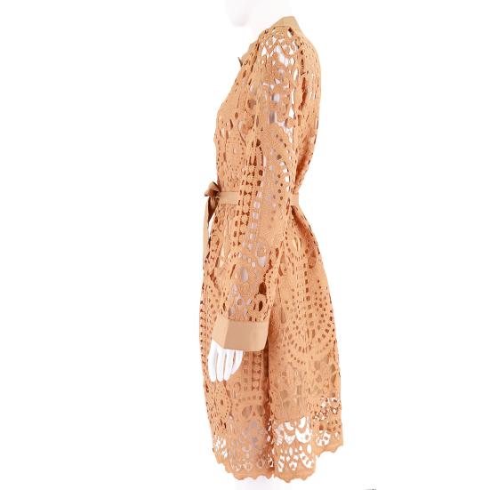 Shirt Dress Hollow Out Lace Spring Summer Slim-fitting Belted Dress for Daily Wear