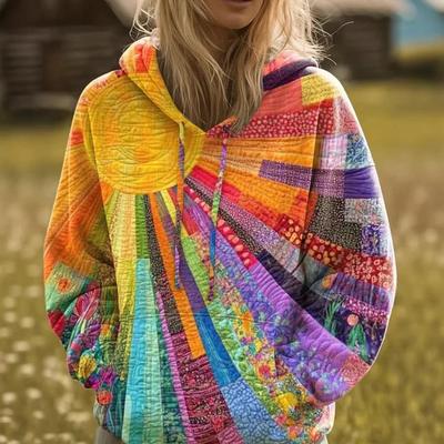 Moletom com Capuz Graffiti Feminino Multicor com Padrão de Sol 3D - Roupa Vibrante de Outono