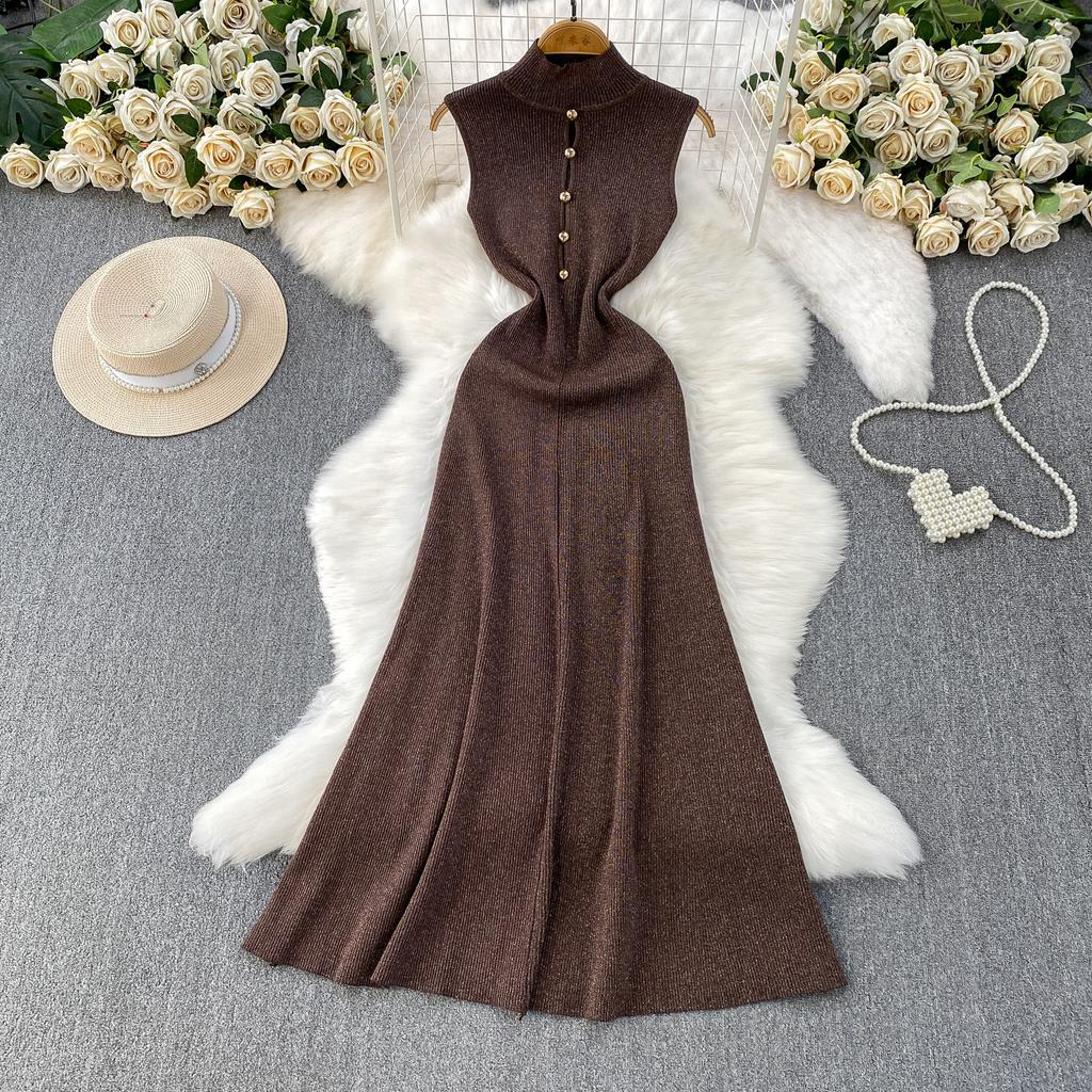 Summer Designer Solid Hollow Out Long Knitting Dress Women Elegant Half Turtleneck Sleeveless Slim Knitwear Sweater Dresses Female