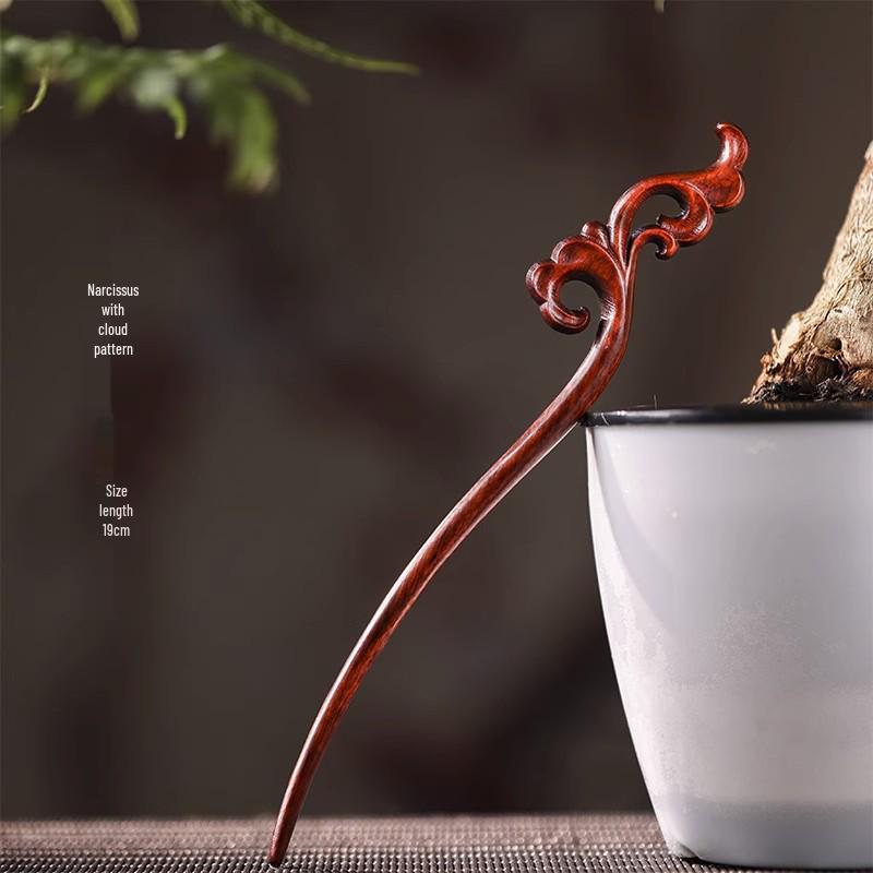 Red Sandalwood Women's Retro Hanfu Hairpins: Hollow Carved Moon Rabbit Wooden Ornaments