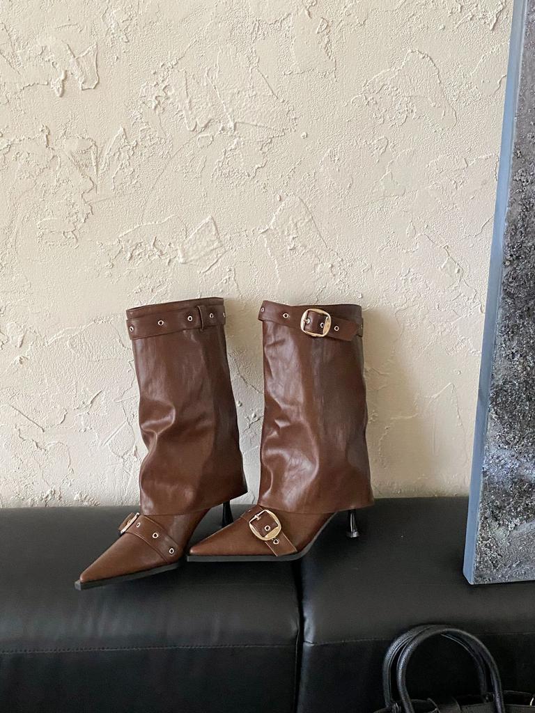 2025 Autumn and Winter New European and American Sexy Babes White High-heeled Short Boots Women's Belt Buckle Rivet Babes Pointed Trousers