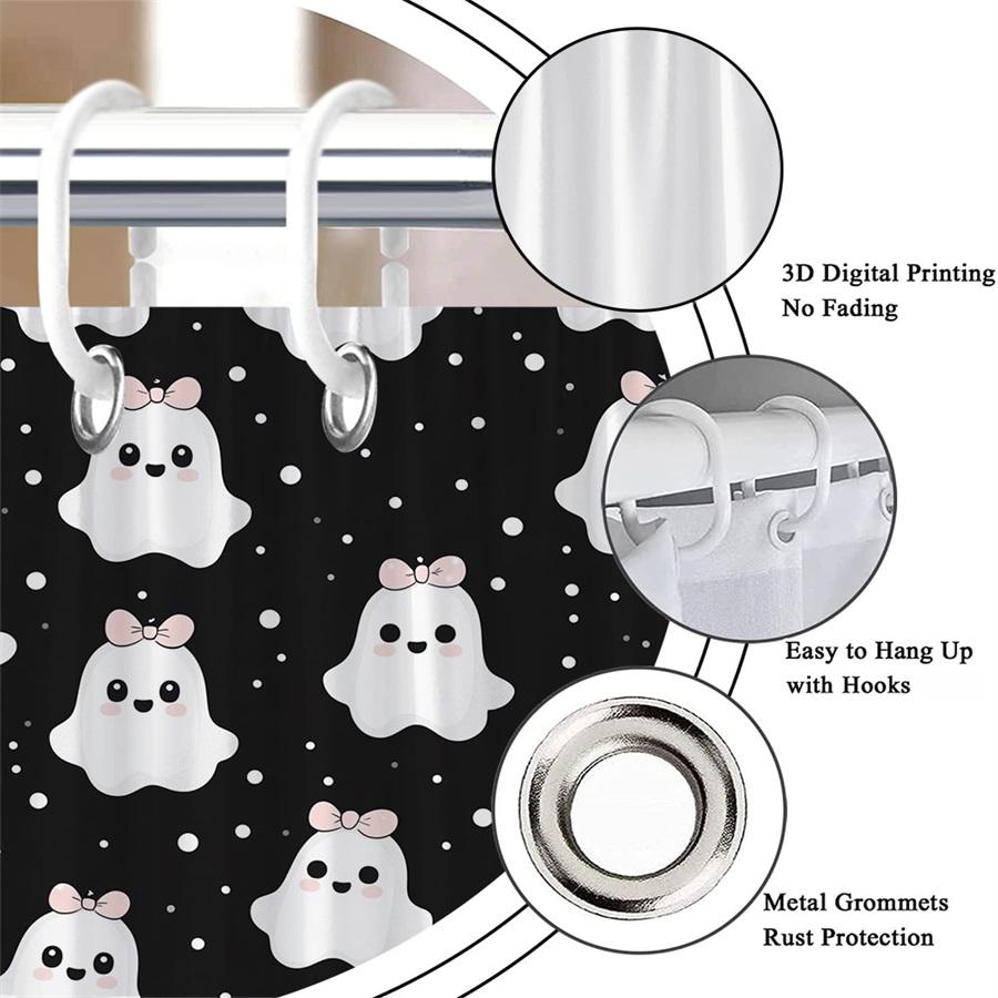 1Pc Cute Ghost Pattern Shower Curtain With Hooks, Polyester Fabric, Machine Washable, Perfect For Bathroom Decor.