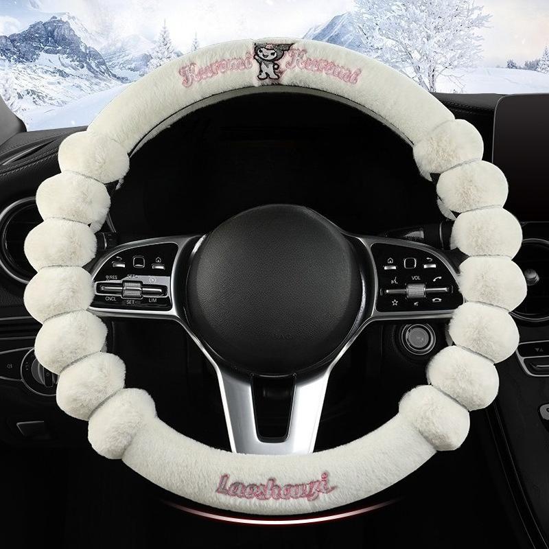 New Kuromi Winter Plush Rabbit Velvet Warm Steering Wheel Cover Soft Handle Cover for Men And Women Car Accessory