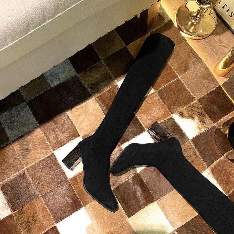 Fashion Square Toe Elastic Elegant Heeled Knitted Sock Above Over The Knee Shoes Woman Cosplay Trend 2025 Y2k Thigh High Boots for Women