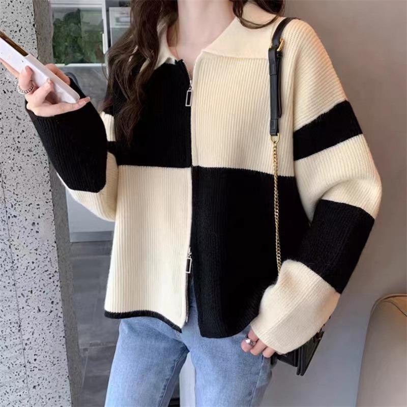 

Autumn and winter new retro color matching plaid knitted cardigan top women s versatile double zipper design sense polo neck sweater One size