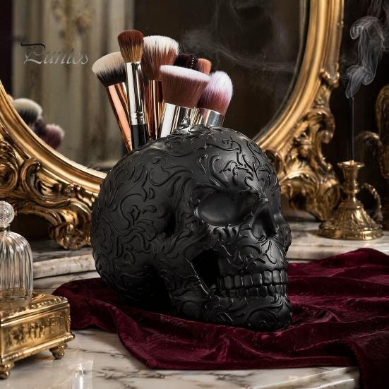 Halloween Room Decor Skull Makeup Brush Holder, Matte Black Gothic Skeleton Pen Organizer Spooky Home Decorations for Desk, Resin Storage Figurine