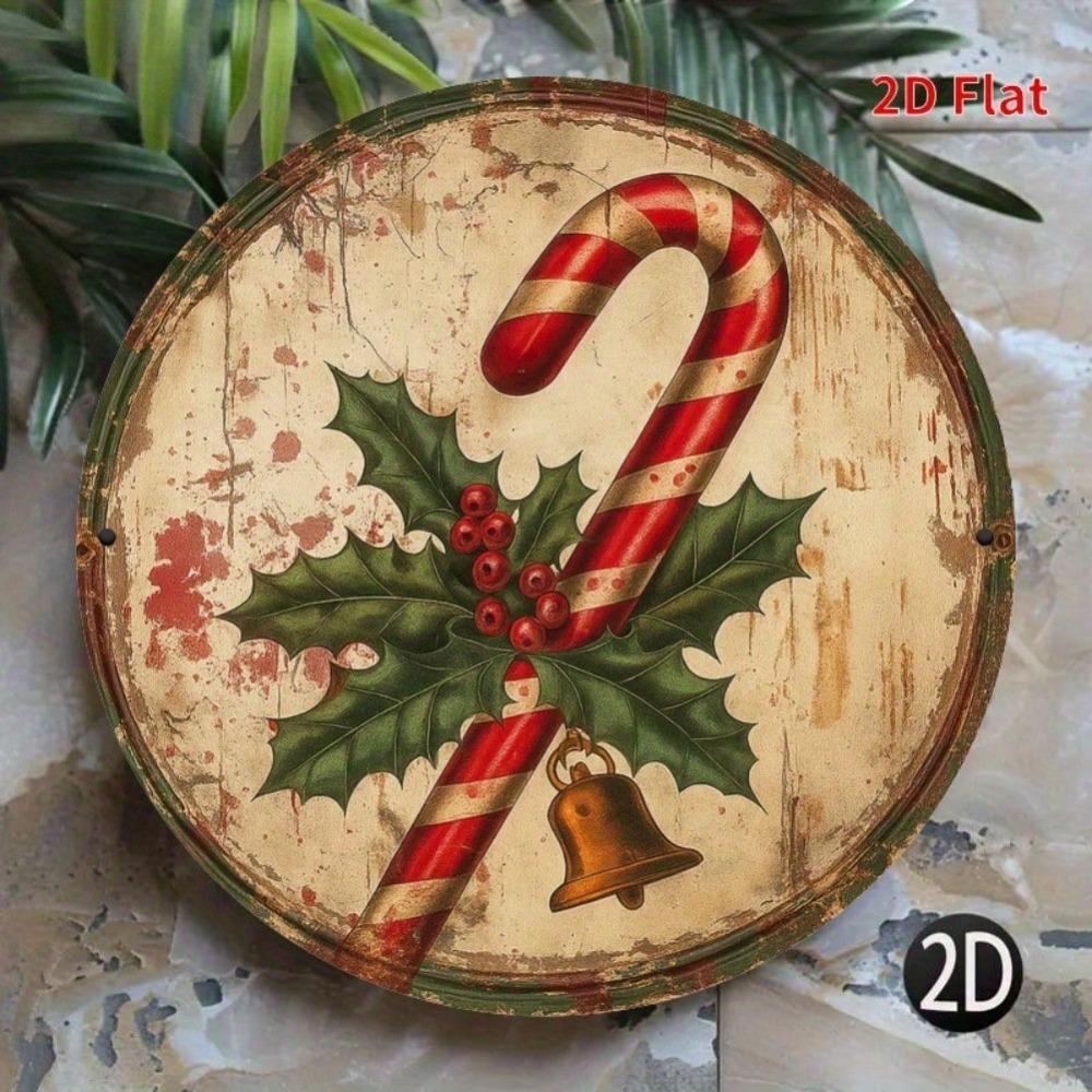 Vintage Candy Cane Metal Wall Art Rustic Holiday Decor with Holly Berries Golden Bells Home Garden Decor