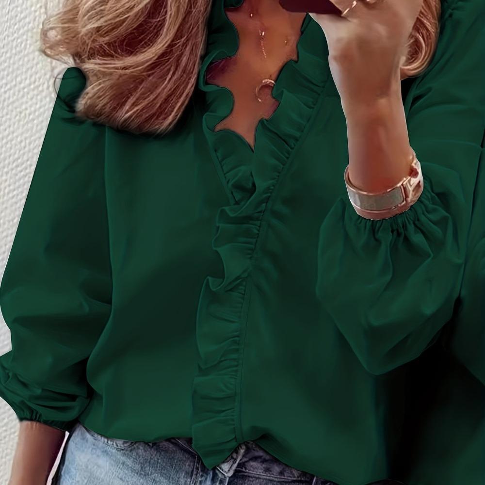 women's Loose Ruffled V Neck Blouse Solid Color Long Sleeve Shirt Elegant Commute Casual Wear Tops