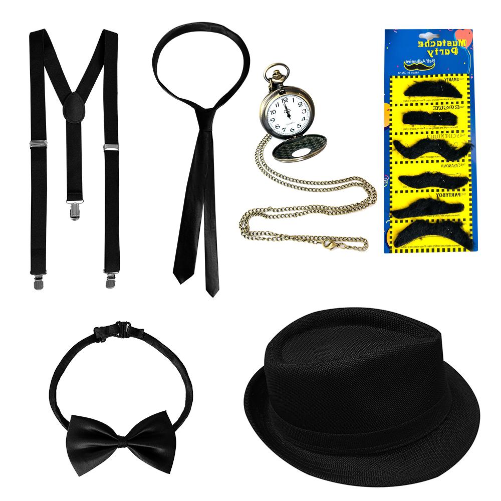 1920s Gangster Style Accessory Set - Vintage Gentleman Fedora, Suspender, Pocket Watch & Mustache Combo