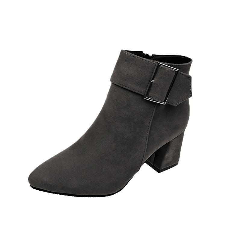 Suede Thick Heel Martin Boots Women's Shoes Foreign Trade Large Size British Style Pointed Belt Buckle Korean Version Thick Heel Short Boots