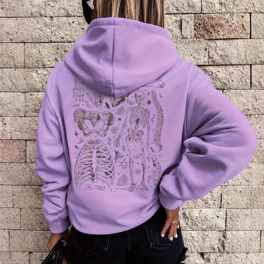 Women's Fleece-Lined Skull Print Hoodie with Kangaroo Pocket