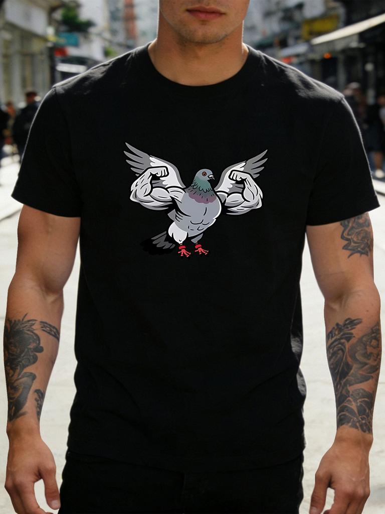 Unisex Crew Neck Short Sleeve Cotton Tee Buff Muscular Pigeon Fitness Cartoon Print Gift For Bird Lover Guy Casual Summer Daily Top