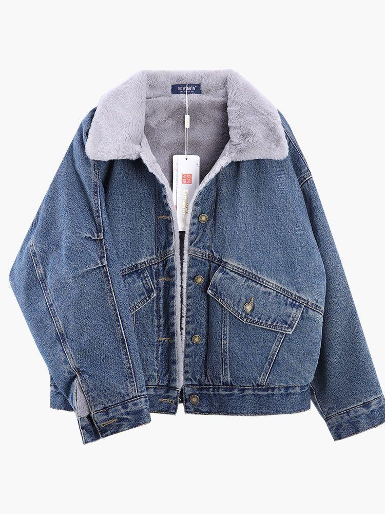 Women's Stylish Korean Velvet-Lined Denim Jacket – Warm, Casual, Loose-Fit Cotton Winter Coat