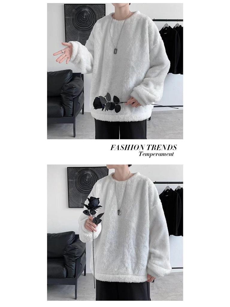 Hong Kong Style Men's Chic Lamb Wool Sweater: Trendy Loose Fit, Solid Color, Autumn/Winter, Plus Velvet Thick Jacket for Couples.