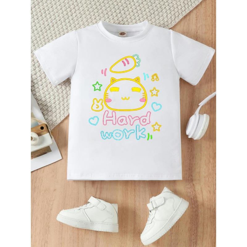 

European sizes Cute Cat Cut-out Glow-in-the-dark Print T-shirt, Stylish Streetwear Print Design, Crew Neck Short-sleeve T-shirt. 164cm білий