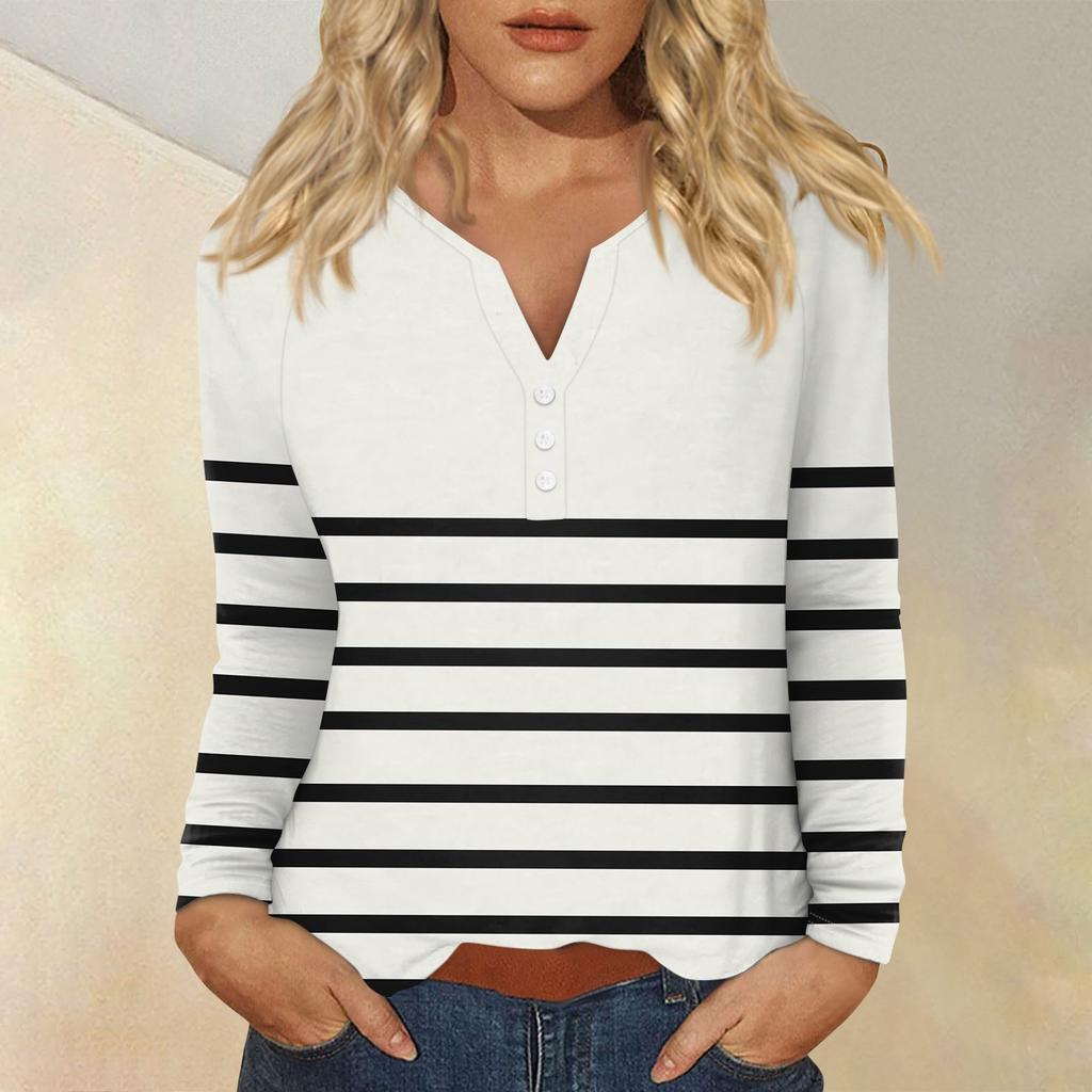 Women's Fashion Casual Printed V-neck Long Sleeve Button Up T-shirt Top