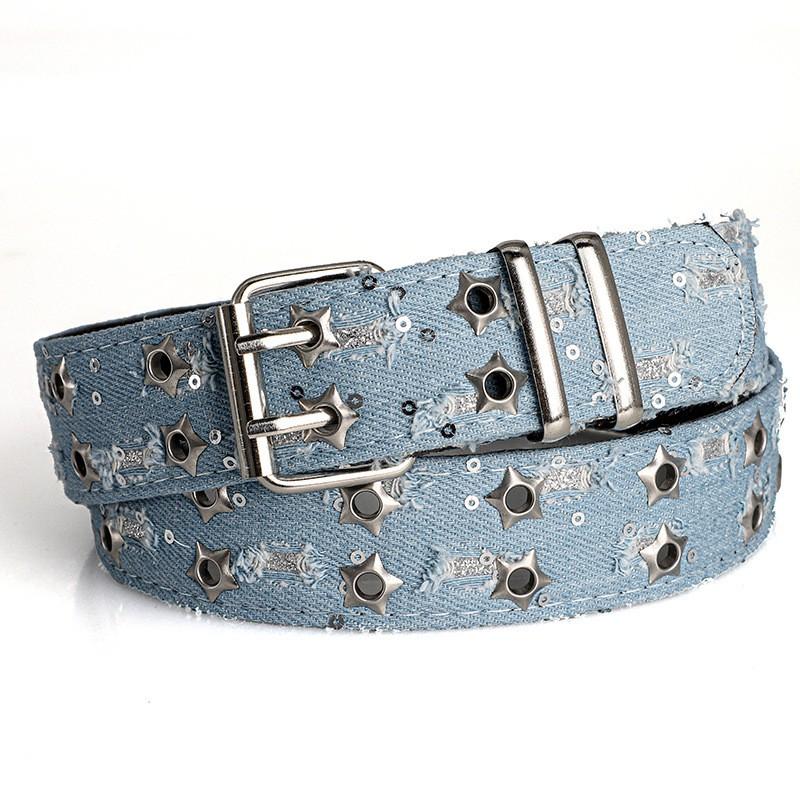 European and American hollow-out punk casual women's belt, fashionable star-shaped air-eye decoration, cloth art denim waistband