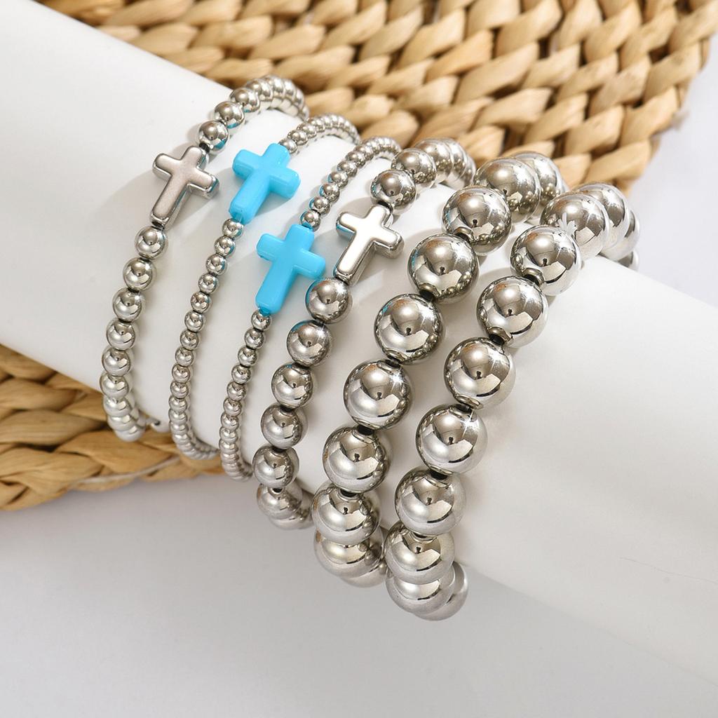Silver beaded bracelet European and American jewelry fashion versatile women's personality simple color cross bracelet
