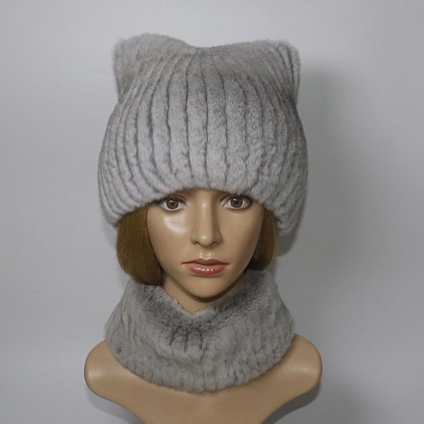Winter Girls Fashion Fluffy Real Rex Rabbit Fur Hat Scarf Sets Warm Real Rex Rabbit Fur Cat's ear Hats Scarves Women Fur Caps