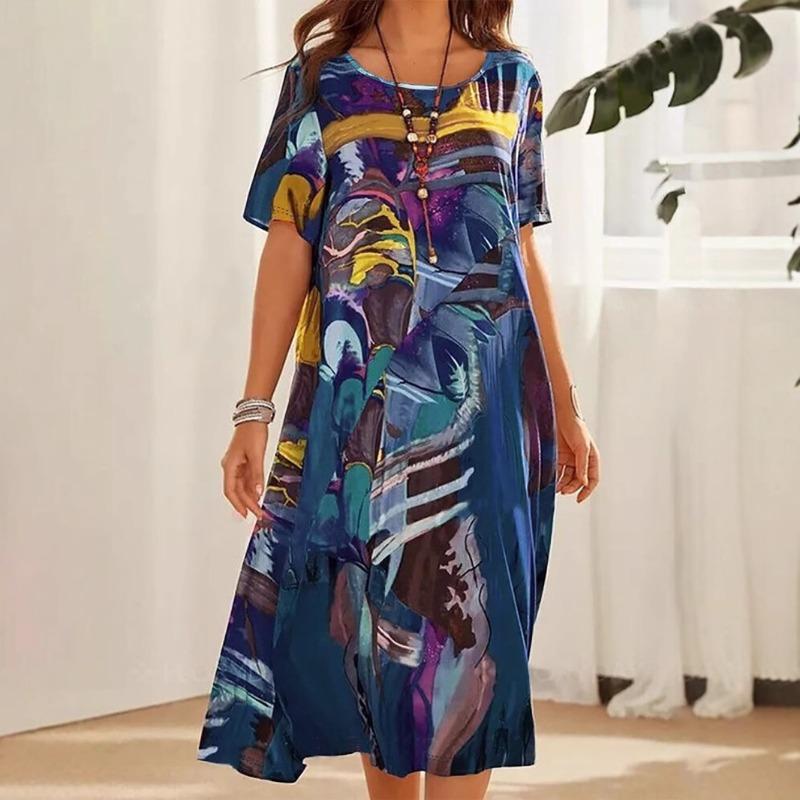 

Женское летнее платье повседневное с цветочным принтом свободное с коротким рукавом круглый вырез женские платья миди Vestidos XXL темно-синий