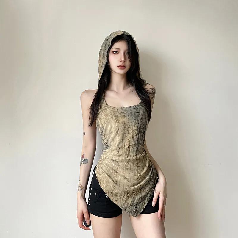 Women s Tie Dye Hooded Tank Top Asymmetrical Hem Sleeveless Slim Fit Streetwear S хаки