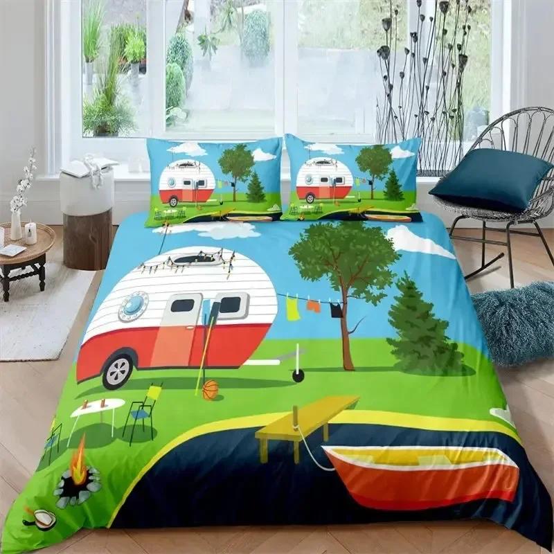 Happy Camping Duvet Cover Queen Cartoon Caravan Camping Bedding Set Farmhouse Style 3D Camper Comforter Cover With Pillowcases02