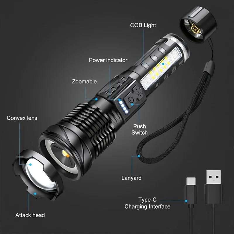 LED Flashlight 7 Modes Rechargeable Handheld Zoomable Tactical Torch Waterproof Outdoor Camping Fishing Hunting Side Work Light