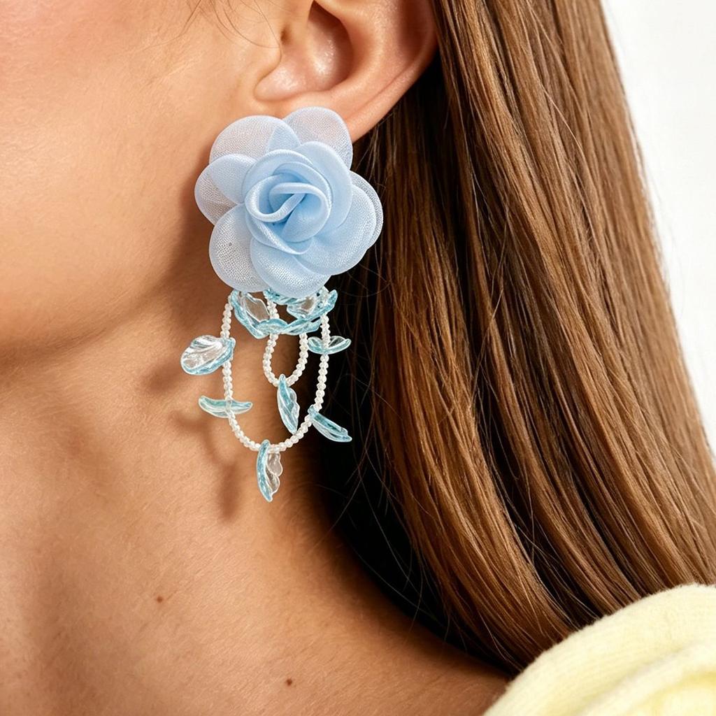 E11891 temperament handmade flower stud earrings female sweet tassel long mesh flower earrings earrings