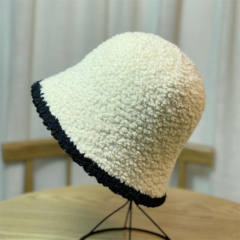 Black White Edge Knitted Plush Fisherman Hat for Women Autumn and Winter New Style Large Head Circumference Bucket Hat Japanese Style Small Face