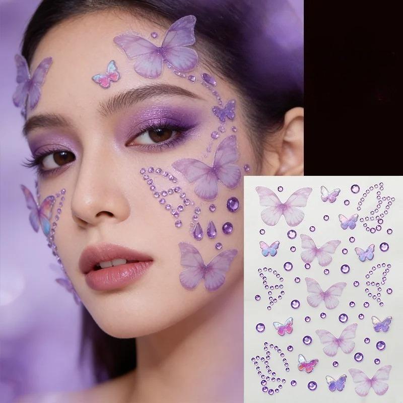 1Sheet Color Butterfly Face Stickers Children Eyes Facial Makeup Butterfly Face Gem Decals Crystal Round Diamond Tattoo Stickers