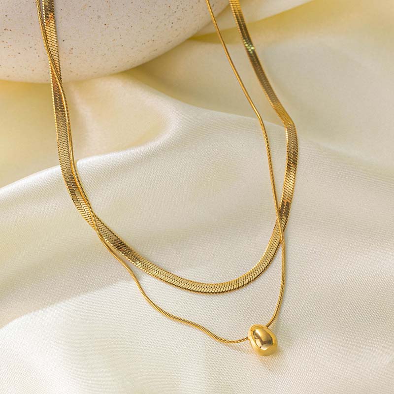 Stainless Steel Double Layer Water Drop Pendant Necklace for Women Vintage Gold Color Snake Bone Chain Necklace Jewelry Gifts