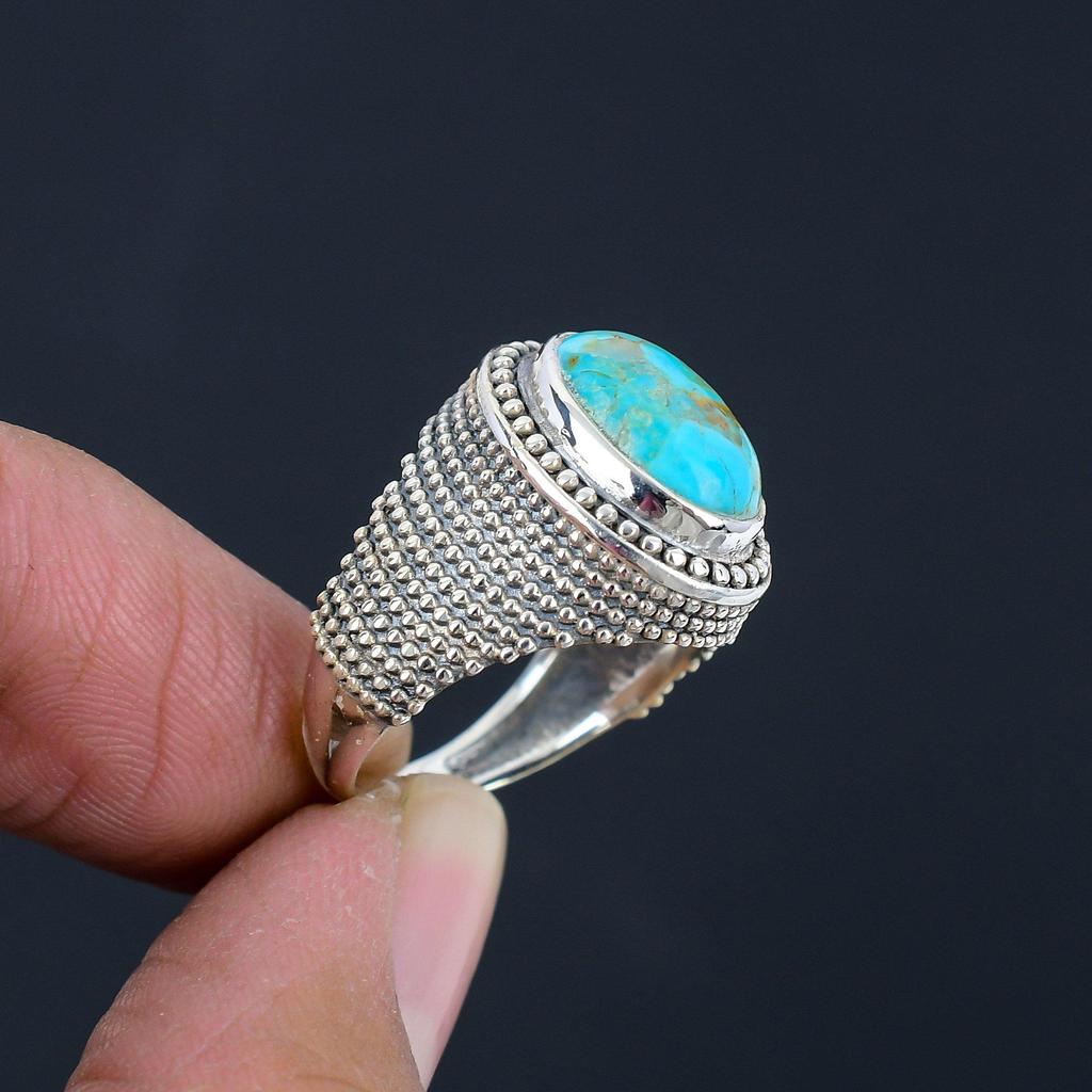 10X14 Mm Natural Blue Turquoise Gemstone 925 Sterling Silver Oval Shape Handmade Ring For Women & Girls
